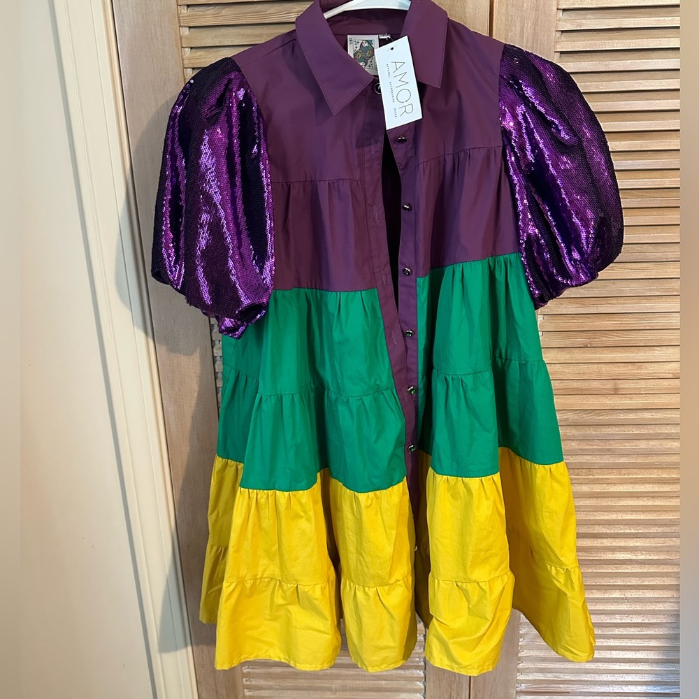 NWT Queen of sparkles Mardi Gras sequin sleeve mini tiered dress XS